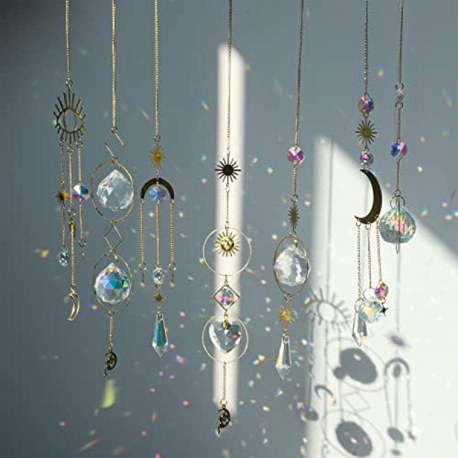 7 stuks kristallen zonnevangers gouden maan ster zonnevangers opknoping met ketting hanger ornament kleurrijke kristallen glazen ballen voor raam slaapkamer auto thuis tuin kantoor feest bruiloft