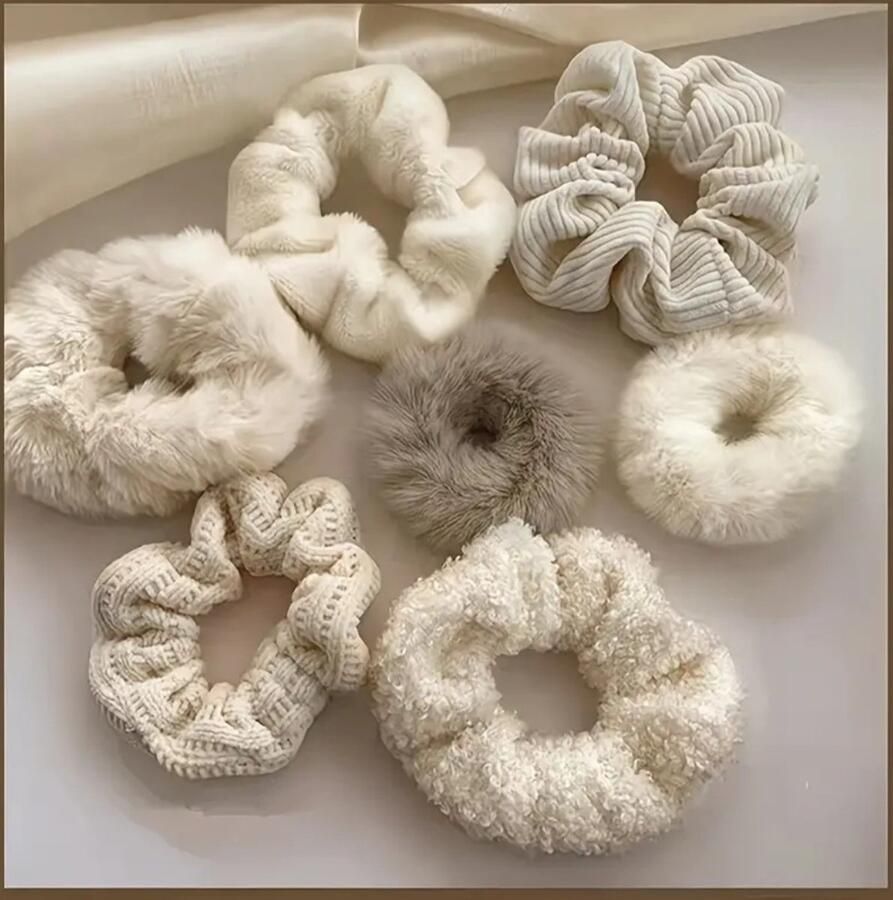 7 stuks scrunchie set beige wit creme mix