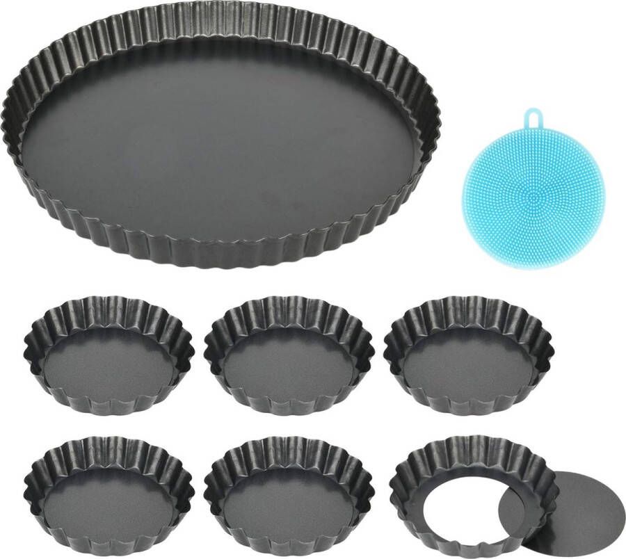 7 stuks taartvormen met hefbodem anti-aanbaklaag quichevorm klein 10 cm x 6 en 28 cm 11 inch X1 ronde pie vorm tartelette vormpjes van koolstofstaal (10 cm × 6 + 28 cm × 1)