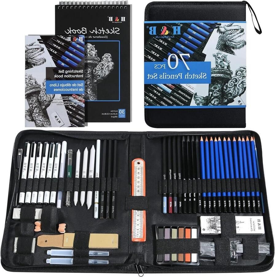 70 Pack Schetspotlood Set met Schetsboek Professionele Schetspotloden Tekenen Kunstbenodigdheden Volwassenen Kunstenaars Beginners Tekendoos