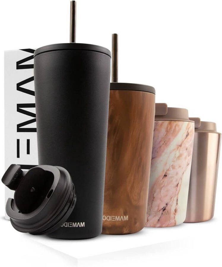 700ml Rich Black Thermosbeker dubbelwandig geïsoleerde drinkbeker met rietje & flip-top deksel van roestvrij staal
