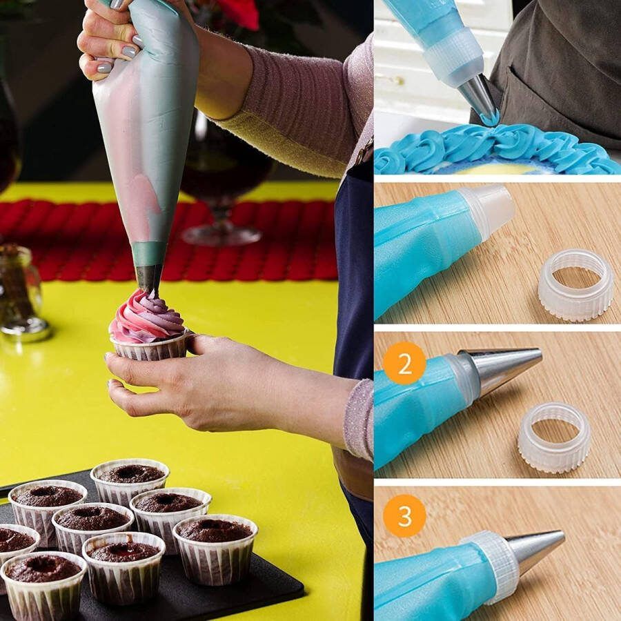 71-delige spuitmondenset taarten accessoires met 25 spuitmonden siliconen spuitzak herbruikbaar adapter hoekpalet deegschraper voor cupcakes taarten decoreren cake eclairs maken