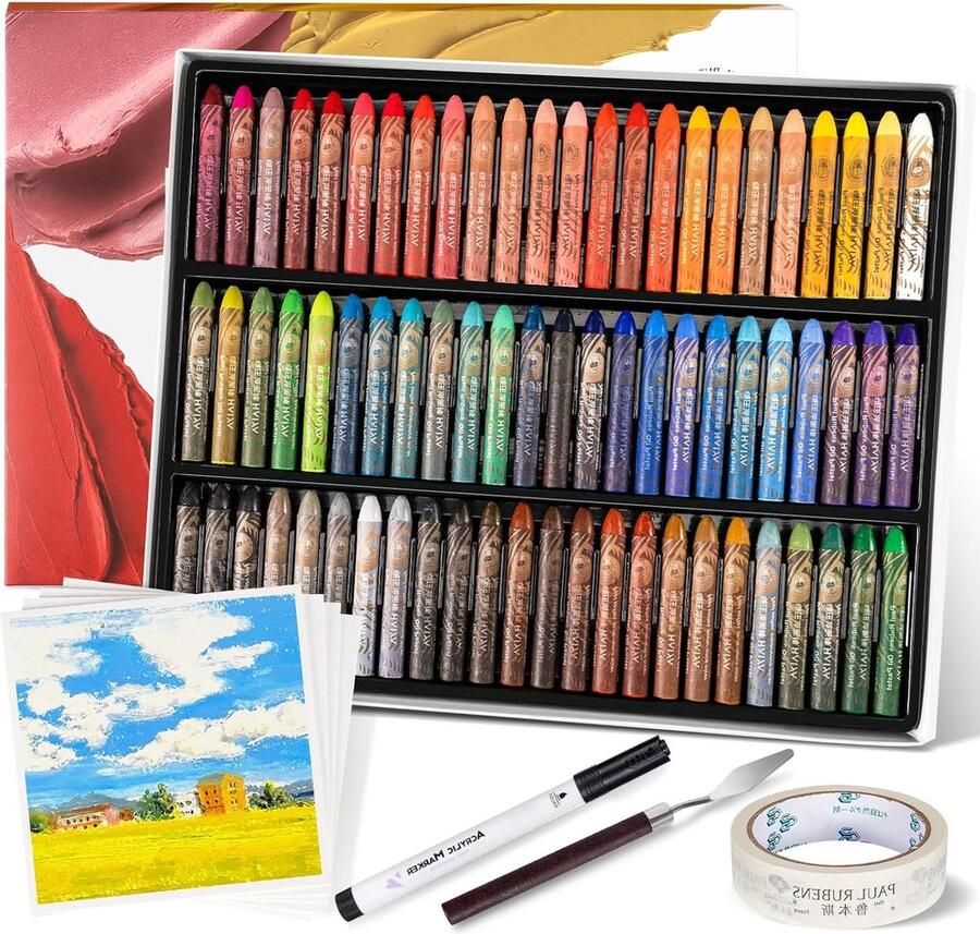 72 kleuren Oliepastels Kit HaiYa Artist Levendig en Romig incl. 10 Vellen Oliepastels Papier Masking Lijm Schraper Zwarte Acryl Marker Pen