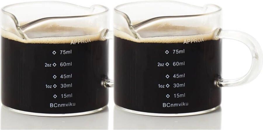 75 ml maatbeker glas V-vormige schenktuit espresso-borrelglazen met schaal vloeibare en droge meting melkkannetje voor melk koffie yoghurt 2 stuks