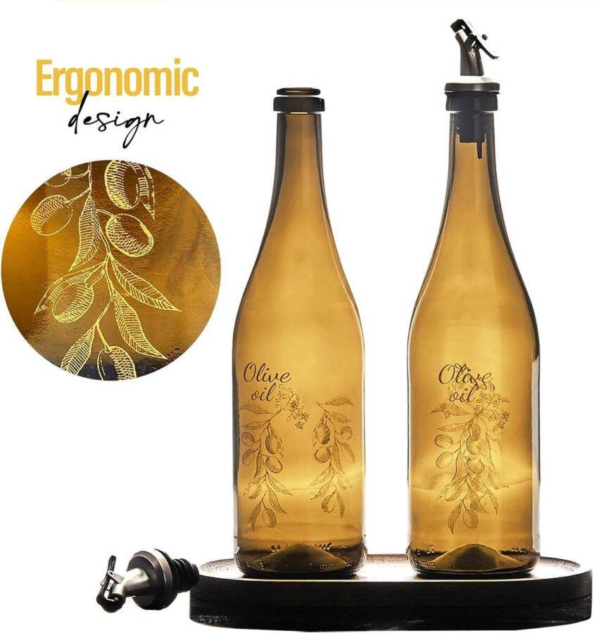 750 ml glazen olijfolie dispenser set met houten dienblad azijn oliedispenser olieflessen voor keuken granaatappelsiroop disppencer azijnflessen set (2 flessen +houten lade)