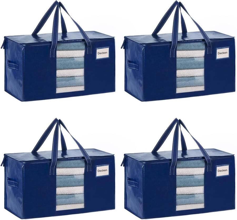 76L extra grote opbergtas met deksel sterke handgrepen en ritsen opvouwbare verhuistassen verhuisdozen voor verhuizen kledingopslag kamperen (blauw 4 stuks)