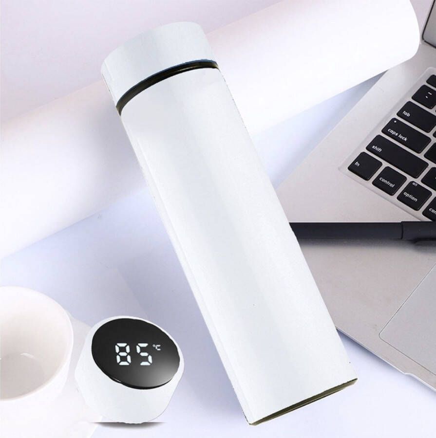 Nino Trading Slimme witte Drinkfles Temperatuur meter Dubbel geïsoleerd RVS 500 ML Smart thermoskan bottle Inclusief filter voor smaakjes of thee Handig en compact!