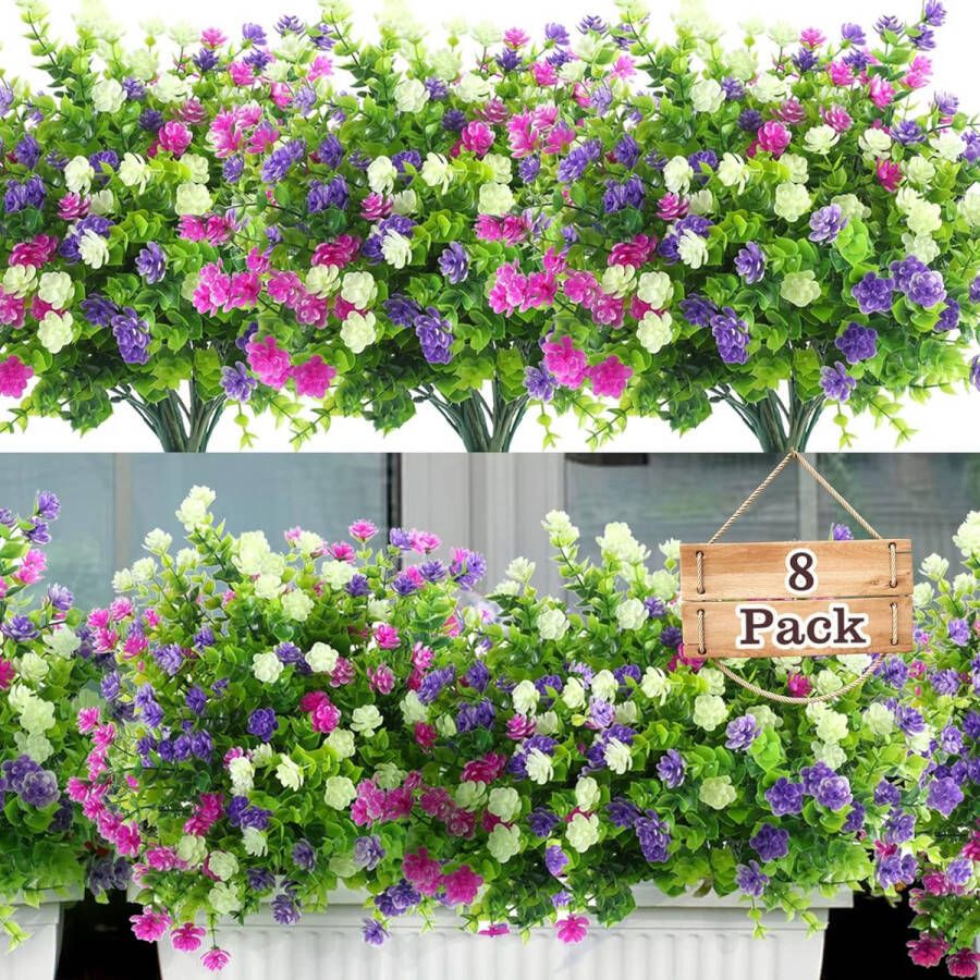 8 bundels kunstbloemen voor buiten. UV-bestendig kunstbloemen voor binnen en buiten hangende plantenbak kunstplanten en -bloemen. Bulk huis- tuin- muur- veranda- of bruiloftsfeestdecoratie wit fuchsia paars