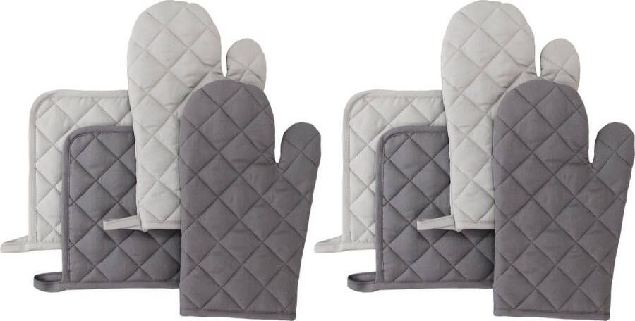 Merkloos 8-delig SET Pannenlappen 4 stuks + Ovenwanten 4 stuks antraciet grijs Katoen Keukentextiel