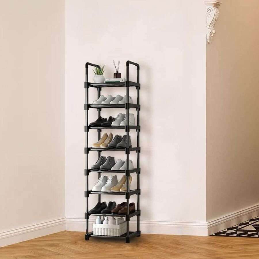 8-etages hoog smal schoenenrek voor entree organizer voor 16 paar schoenen en laarzen opbergrek van zwart metaal met robuste stapelbare schoenenkast