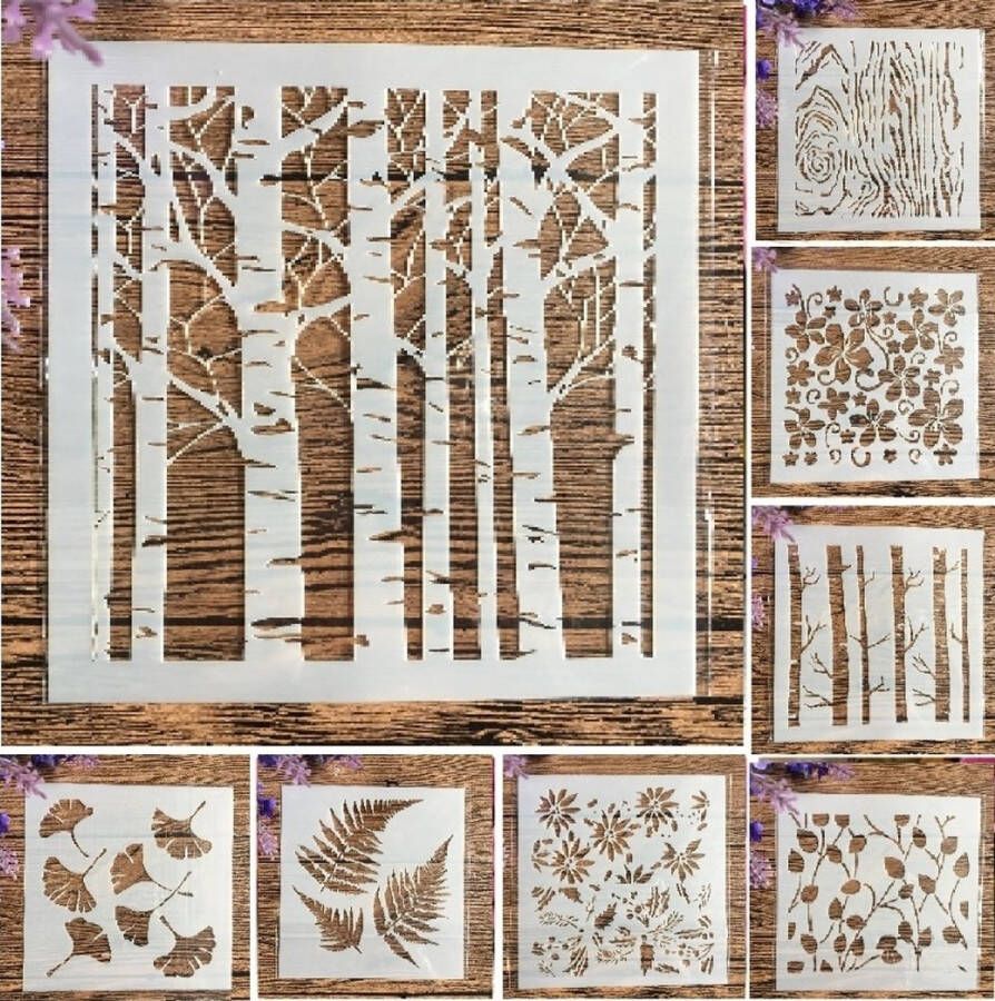 8 Flexibele Plastic Bullet Journal Stencils Templates Bomen Planten Varens Lianen Mix Sjablonen 13 x 13 cm Handlettering toolkit Knutselen Decoratie Accessoires