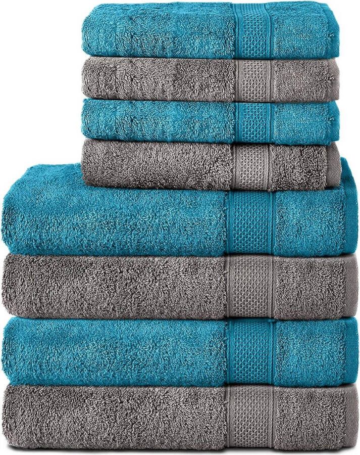 8 handdoeken van 100% katoen 470 g m² 4 badhanddoeken van 70 x 140 cm en 4 handdoeken van 50 x 100 cm zachte badstof groot formaat antraciet turquoise