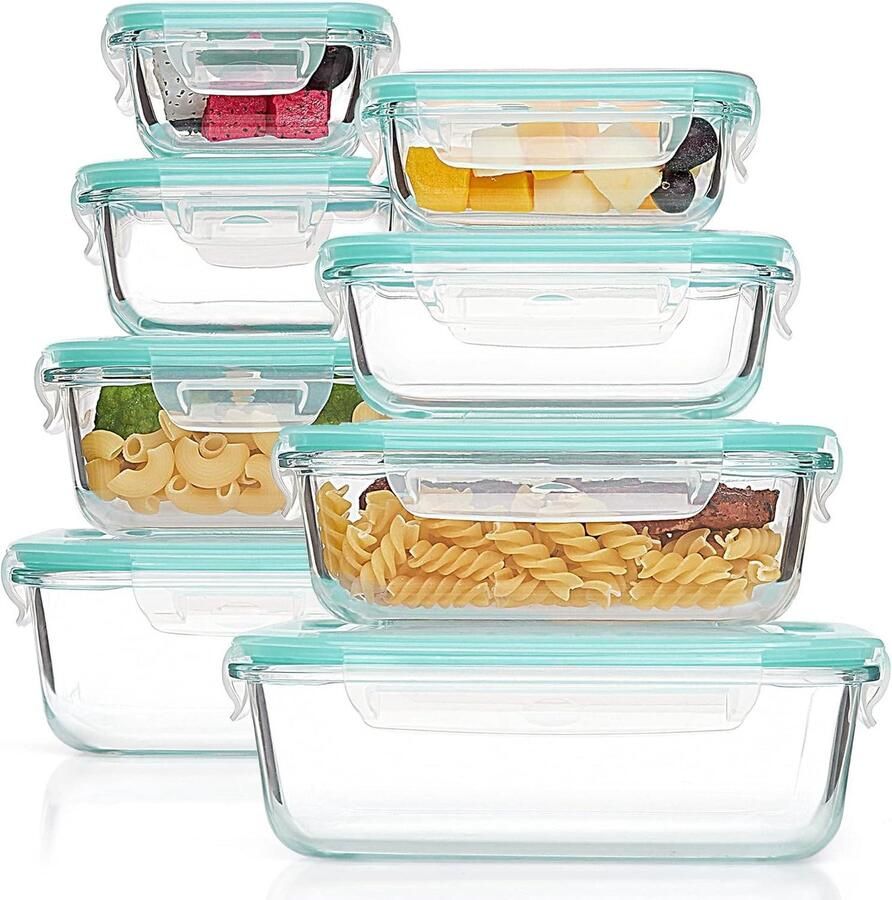 8 Pack Glass Food Storage Containers Airtight Meal Preparation Bento Boxes Leakproof Lock Lids Microwave Oven Freezer Dishwasher Safe BPA Free