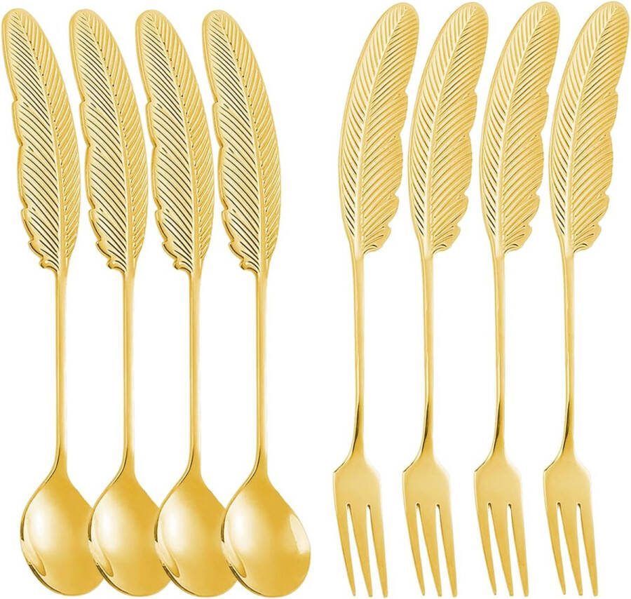 8-Piece Spoon Set Made of 304 Stainless Steel Feather Shape Dessert Spoon Teaspoon Fork Tableware Coffee Spoon Watermelon Spoon Milk Tea Coffee Sugar Spoon Ice Dessert Spoon Bread Fruit