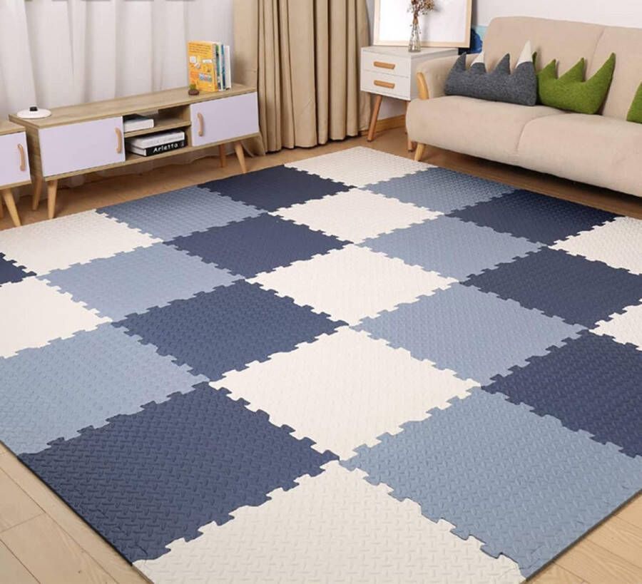 8 puzzels EVA-schuim baby puzzelmat kruipmat kindertapijt speelmat antislip vloerbeschermingsmat 30 x 30 x 1 2 cm trainingsmatten yogamatten wit + marineblauw + lichtblauw