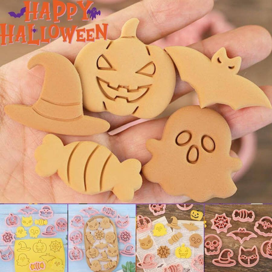 8 Stks Halloween Cookie Cutters Vorm Halloween Plastic Cookie Stempel Set Pressable Gebak Biscuit Cutter Mold Emboss Bat Ghost Pompoen Kat Heks Hoed Snoep Schedel Spider DIY Bakken Decor