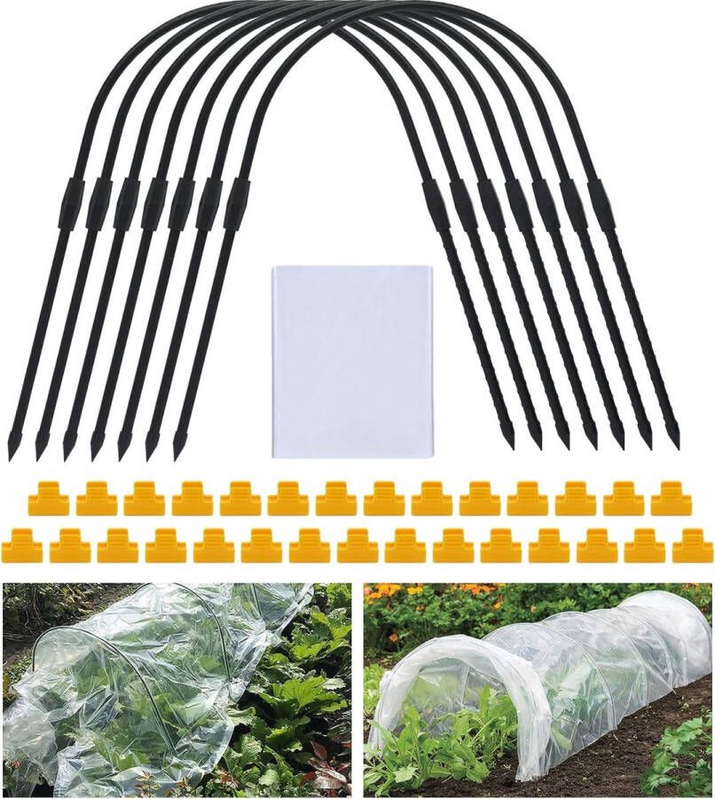 8 stuks 65 x 60 cm plantentunnel tuintunnel vogelafweernet broeikas staal plantensteun met 2 5 x 5 m 8s PE-folie voor tuin plant tuinpalen