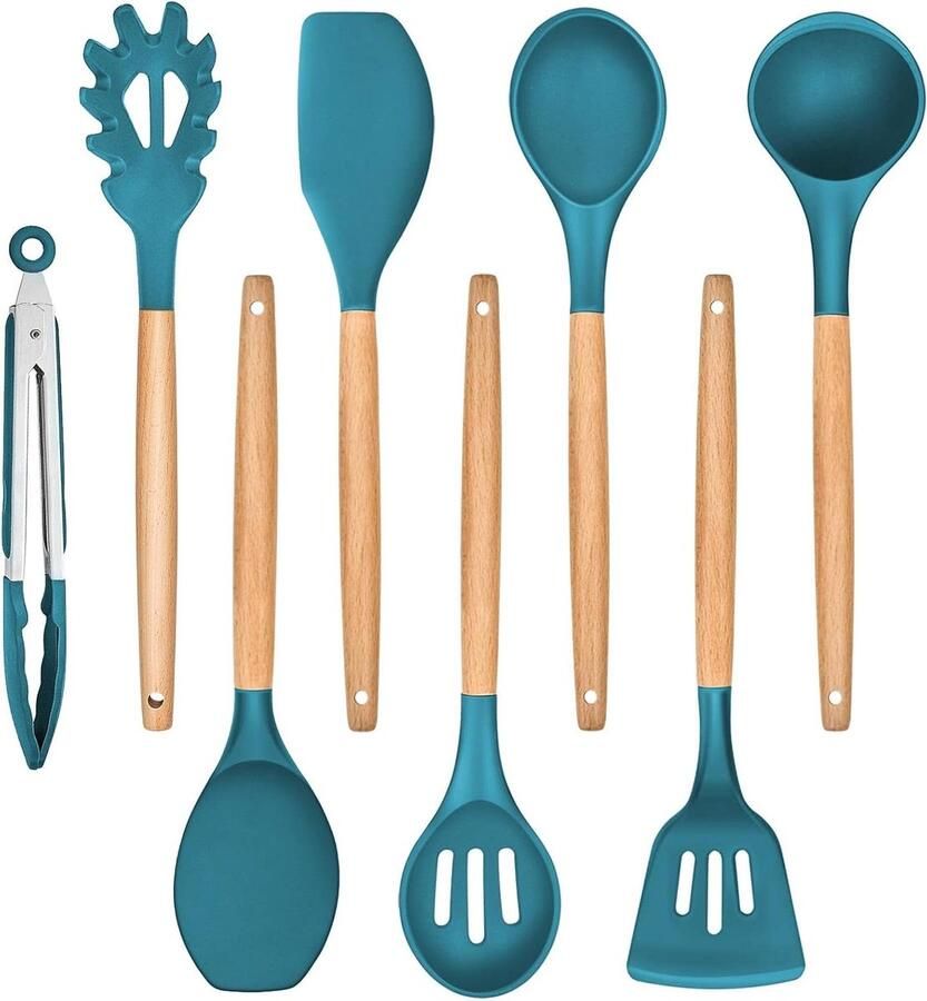 8-stuks anti-aanbak hittebestendige siliconen keukengerei set met houten handvat kookbestek spatel blauw