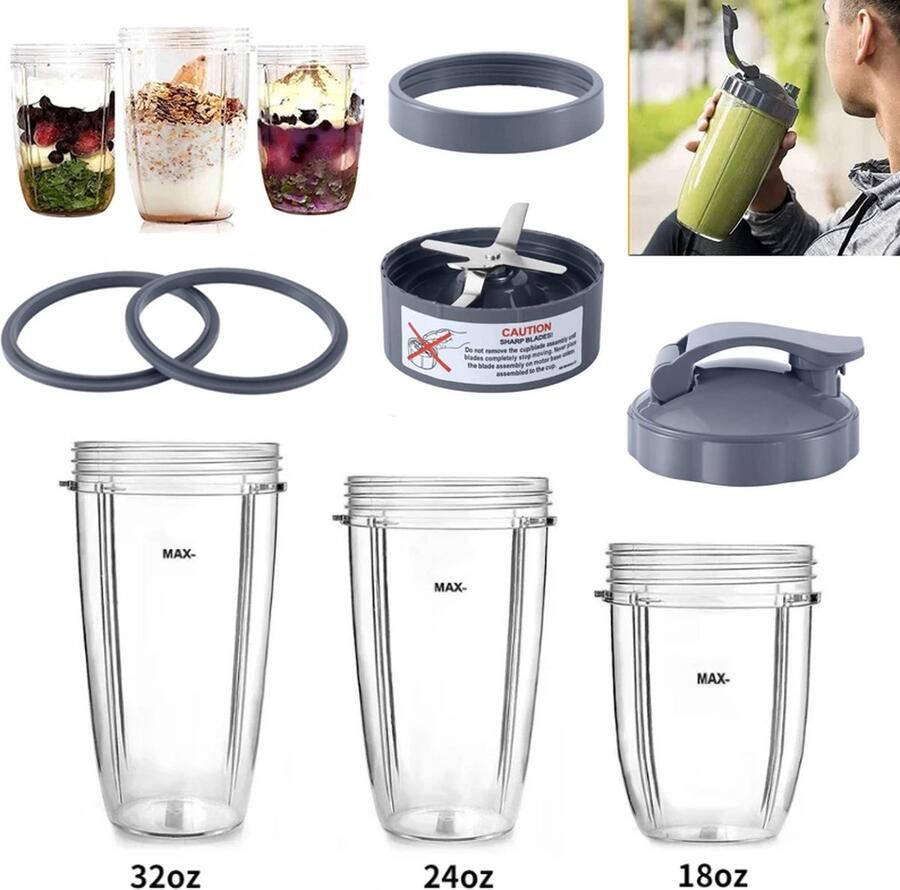 8 Stuks Geschikt Voor Nutribullet Blender Cups & Mes Vervangende Set Reservebeker 32 24 16 Oz Beker Met 1 Flip-Top To-Go Deksel En 1 Dekselring & Premium Extractor Mes Accessoires Geschikt Voor Nutribullet 900w 600w Blender Sapcentrifuge