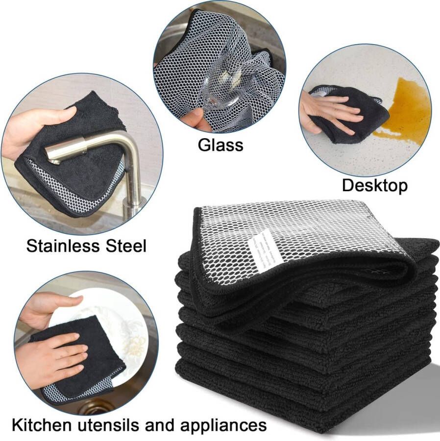 8 stuks microvezel vaatdoeken met poly-mesh schuurzijde voor het reinigen van keuken thuis badkamerreiniging 30 cm x 30 cm (zwart) …