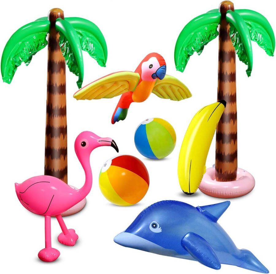 8 Stuks Opblaasbare Palmbomen Flamingo Speelgoed Opblaasbare Banaan Strand Ballen Vliegende Papegaai Dolfijn voor Hawaii Party Luau Party Decor Strand achtergrond