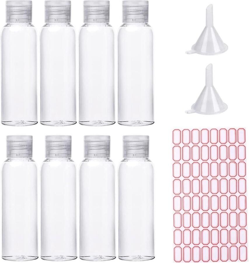 8 stuks reisflessen set van 100 ml plastic transparant lege cosmetica met trechters mini-luchtflessen douchegel houder voor op reis cosmeticaflessen reisflesjes 100ml