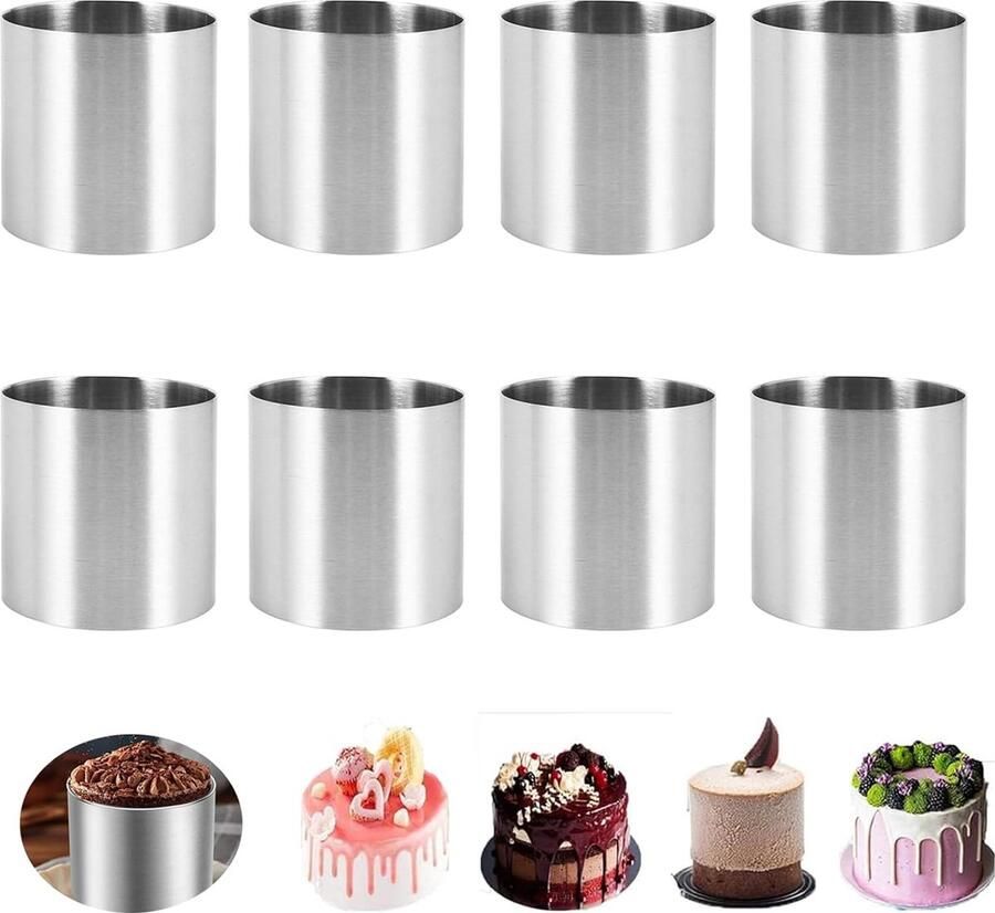 8 stuks roestvrijstalen mousse ringen ronde uitsteekvormpjes cakevorm keuken bakken gebak gereedschap voor taart fondant enz