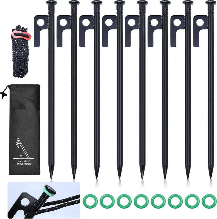 8-stuks stormbestendige tentharingen 30 cm stabiele haringen voor camping en outdoor stalen haringen met accessoires