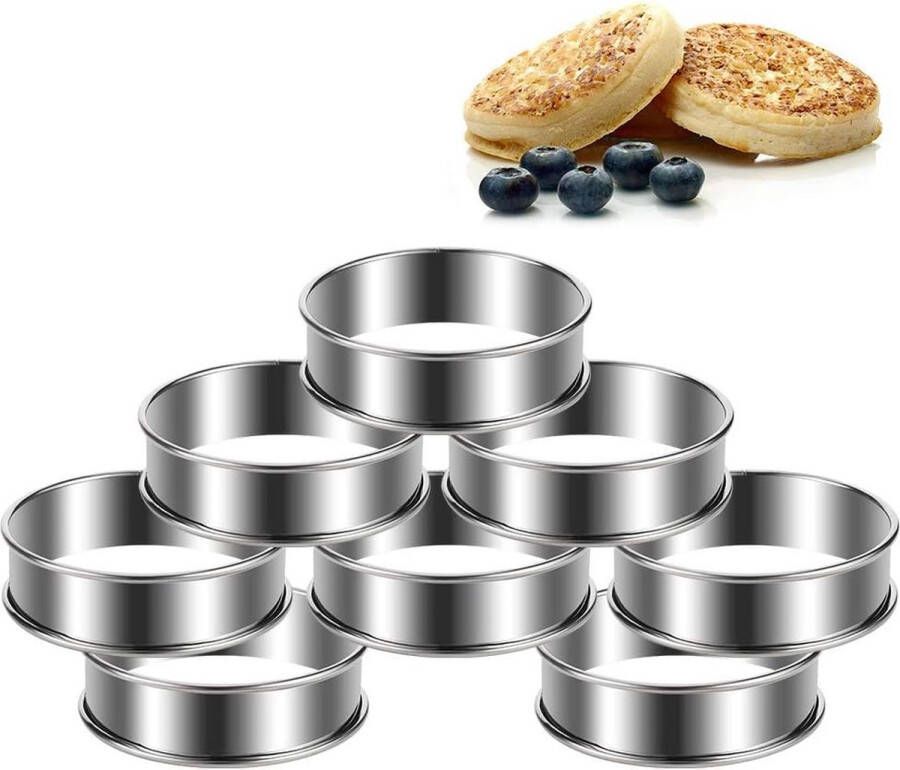 8 stuks taartring dessertringen bakringen cakering crumpets ringen rond roestvrij staal zilver voor koken en bakken (8 x 2 5 cm)