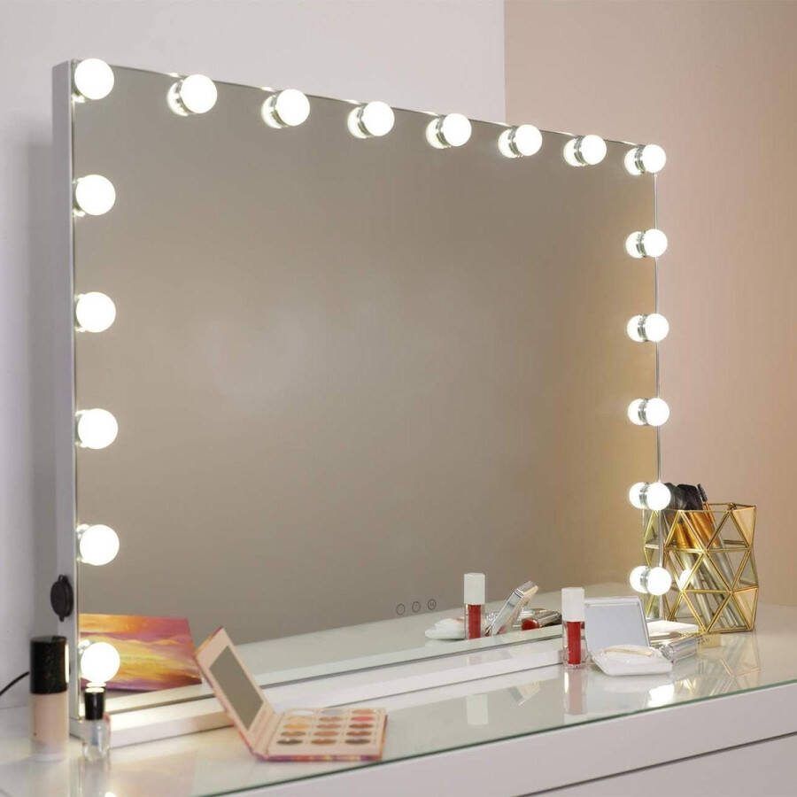 80 x 60 cm Hollywood-stijl tafelspiegel met 3 kleuren licht make-upspiegel met 18 dimbare LED-lampen