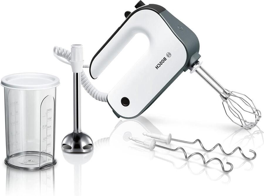 850-Watt-handmixer met 2 innovatieve RVS gardes inclusief mixervoet en maatbeker 5 snelheden en turbofunctie wit donkerzilver
