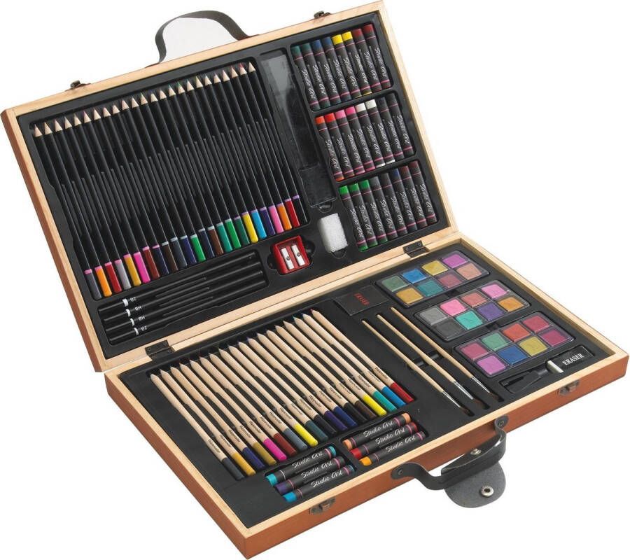 88-delige tekendoos luxe houten koffer kleurpotloden Bruin