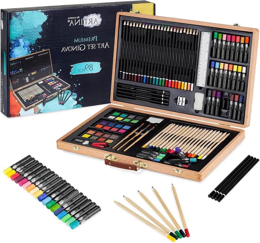 89-delige set met XXL Genova tekenset in houten doos waskrijt potloden aquarelverf pastelkleuren penselen Tekendoos