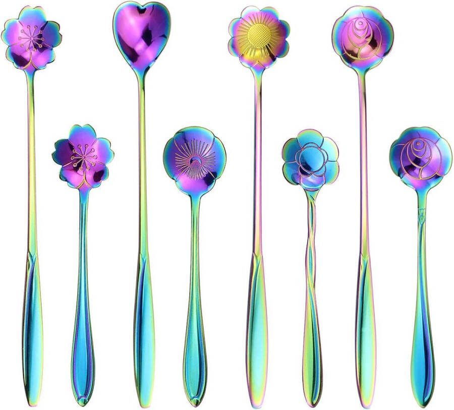 8Pcs Regenboog Bloem Lepel Set 2 Verschillende Grootte Kleurrijke Rvs Herbruikbare Theelepels Koffie Suiker Roeren Lepel Dessert Cake Lepels Thee Scoops Tafel Lepel Mengen Lepel Ice Tea Lepel