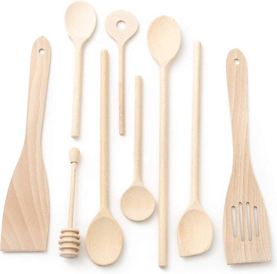 9-delige Keukengereedschapset Hout Beuk Groot Klein (6x Kooklepels 18 cm 35 cm Lengte 2x Spatel Honinglepel)