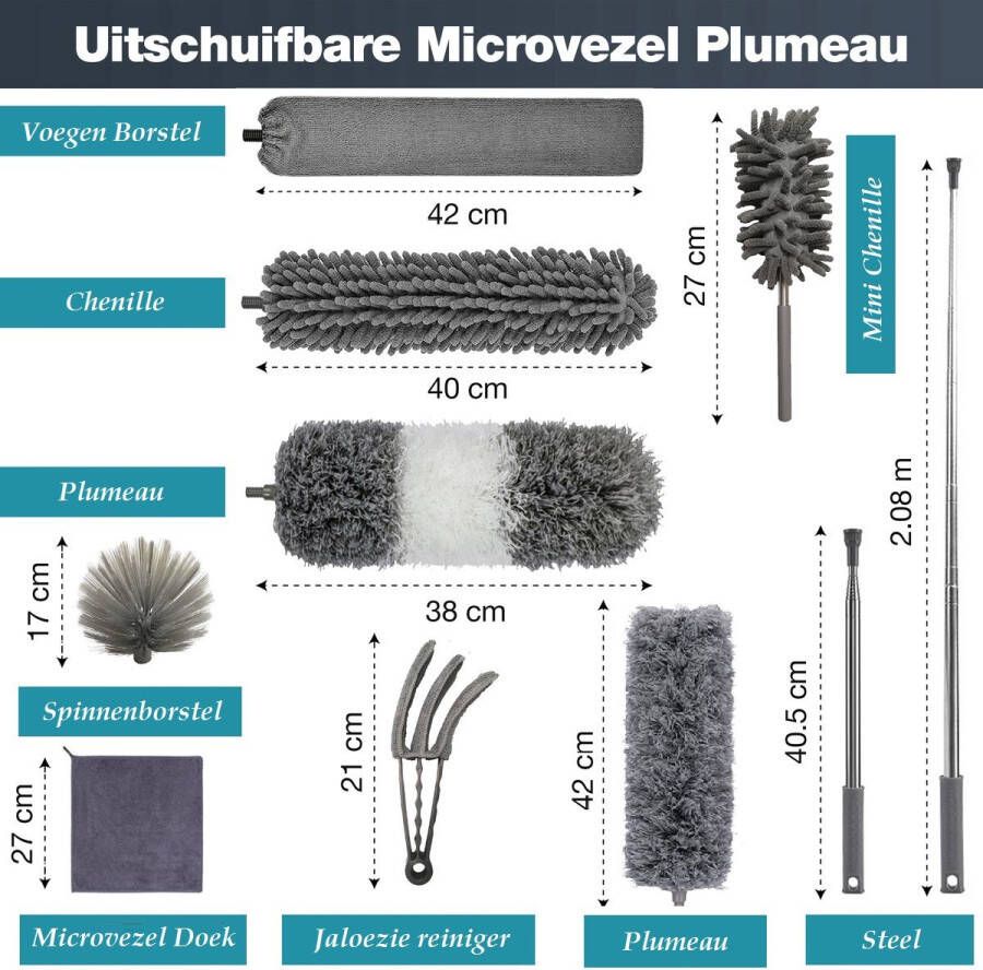 9-Delige Plumeau Set Duster met RVS Telescoopsteel Uitschuifbaar tot 200 cm Inclusief 2 x Plumeau Voegenborstel Microvezel Doek Chenille Borstel Mini Chenille Borstel Spinnen Borstel Jaloezie Reiniger Wasbaar 360 Graden