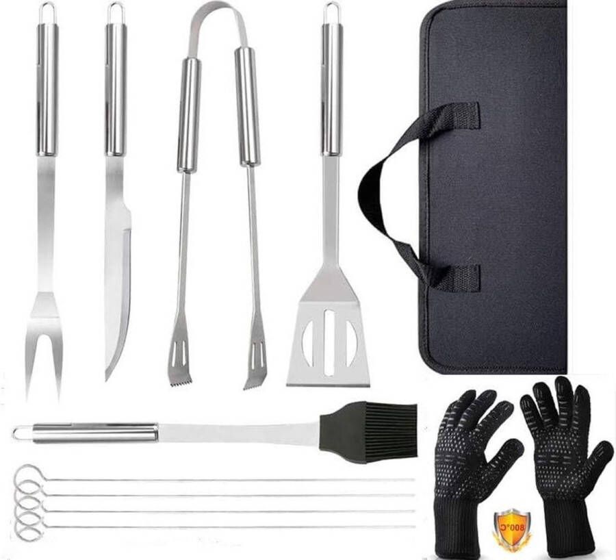 9-delige Roestvrijstalen BBQ Gereedschapset met Hittebestendige Handschoenen tot 800°C Grill Kit Set voor Camping en Grilling Draagtas Inbegrepen Barbecue