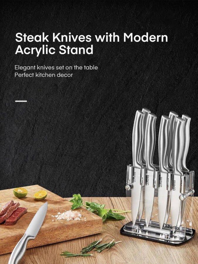 9-Delige Scherpe Steakmessenset met Ergonomisch Handvat en Acryl Messenhouder