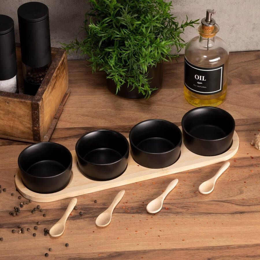 9-delige serveerschalen set zwart incl. lepel & bamboe serveerplank keramische schalen set als tapas schalen dip schaaltjes snackschaal