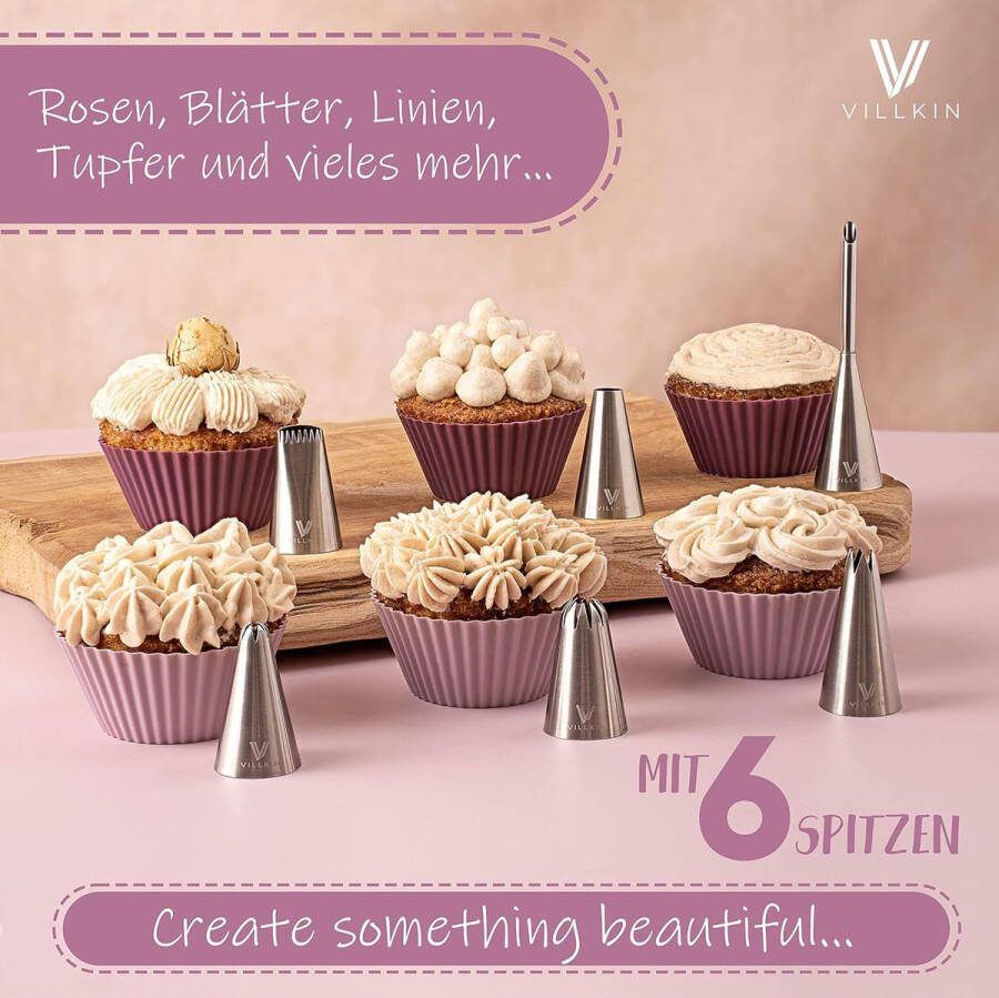 9-delige set spuitzakken met 6 verschillende roestvrijstalen spuitmonden en 34 cm spuitzak herbruikbaar en vaatwasmachinebestendig voor decoraties op taarten cakes en koekjes