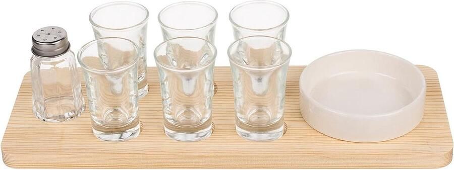 9-delige tequila-serveerset met borrelglazen zoutvaatje aardewerkbakje houten dienblad