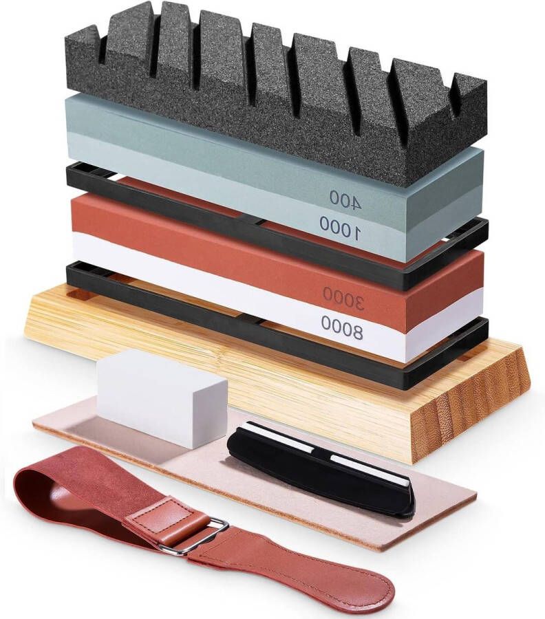 9-in-1 dubbelzijdige slijpsteen set 400-1000 en 3000-8000 grit messenslijper met bamboe bodem FAOKZE messenslijper