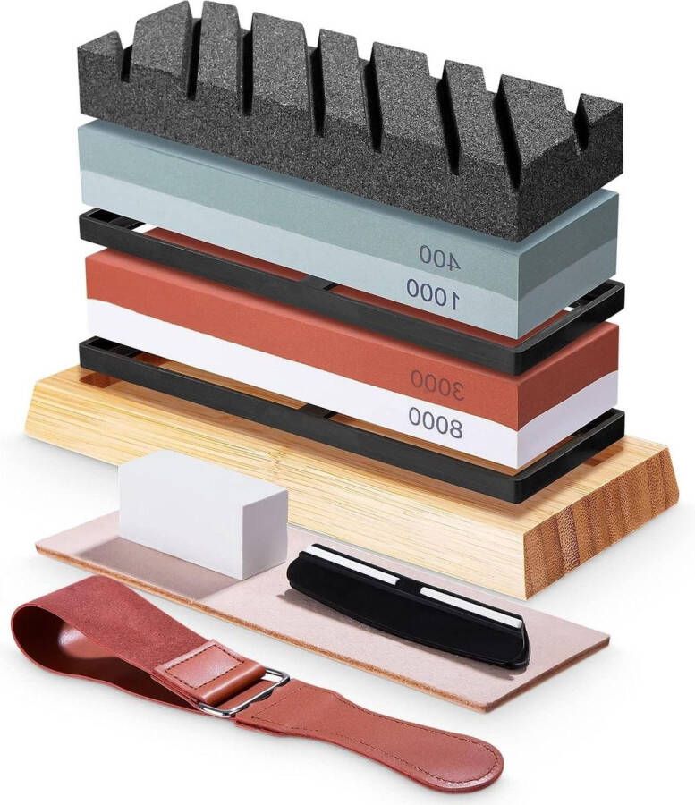 9-in-1 dubbelzijdige slijpsteen set 400-1000 en 3000-8000 grit professionele messenslijper met antislip bamboebodem hoekgeleiding en leren strook