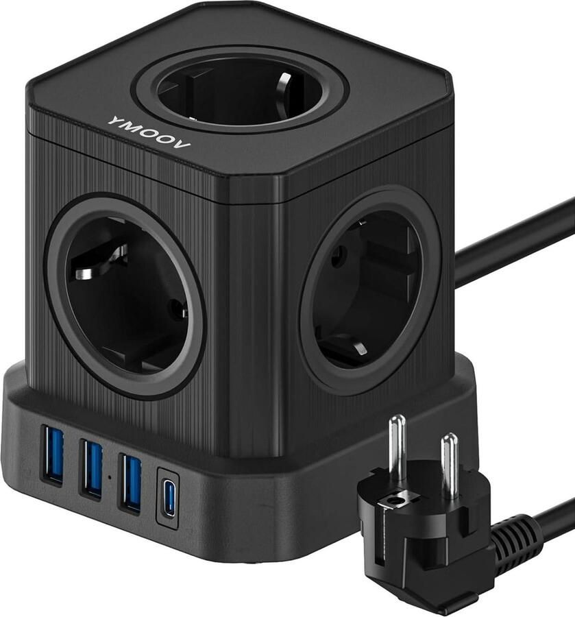 9-in-1 Stekkerdoos met USB Stopcontacten USB-A USB-C Overspanningsbeveiliging Zwart Stekkerdoos