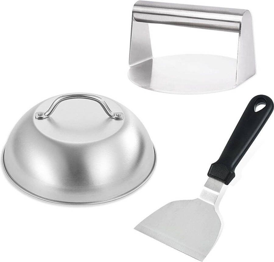 9 Inch Heavy Duty Food Dome Burger Cover Smash Burger Kit with 145 cm RVS Burger Press Grillplaat Burger Spatel Bakplaat Accessoires Kit voor Flat Top Grillgrill Koken