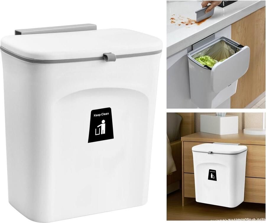 9 l vuilnisemmer hangend met deksel hangende vuilnisemmer keuken vuilnisemmer wandmontage compostemmer voor keuken auto badkamer kantoor en slaapkamer (wit)