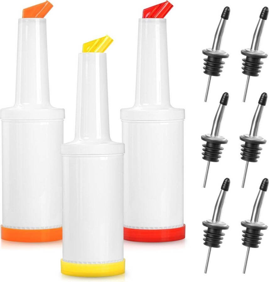 [9-pack] Barmanset met 3 plastic barflessen van 1 liter om te vullen en 6 roestvrijstalen schenkers Gemaakt van voedselveilig plastic met conische schenktuit