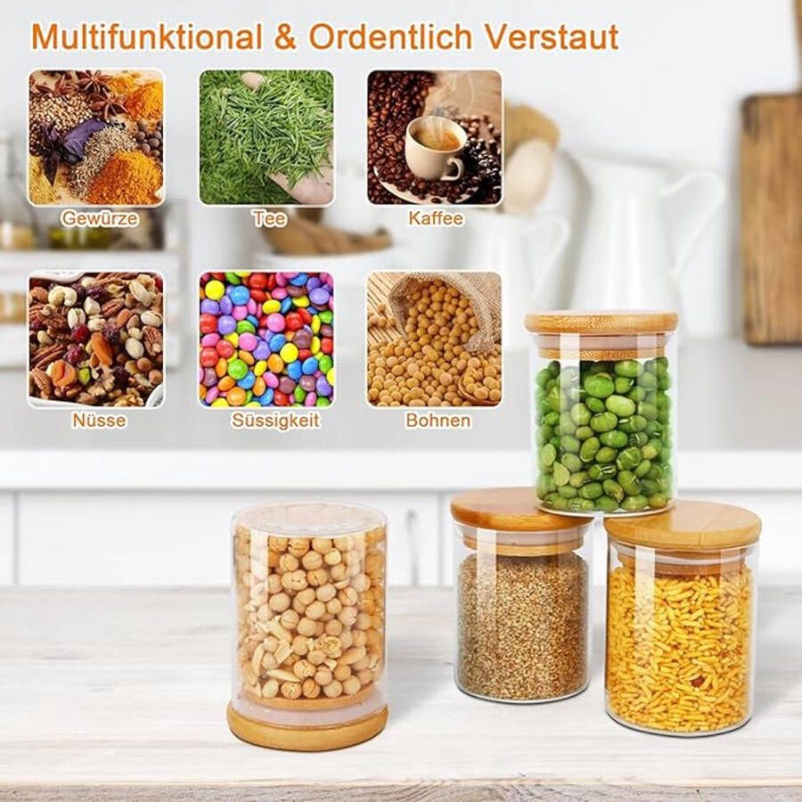 9 Set Glazen Opbergpotten 250ml Kruidenpotten met Bamboe Deksels en 125 Etiketten Hoge borosilicaatglas Luchtdichte bus voor Keuken Opslag Voedsel Opslag Container voor Kruiden Thee Koffiebonen Suikerkoekjes