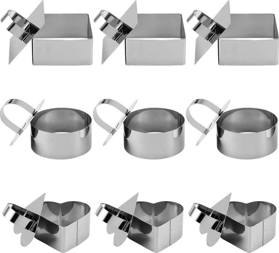 9 stuks dessertringen roestvrij staal 3 vormen voedselringen roestvrij staal dessertringen met lifter taartring bakringen voor doe-het-zelf desserts gebak mousse rond hart vierkant