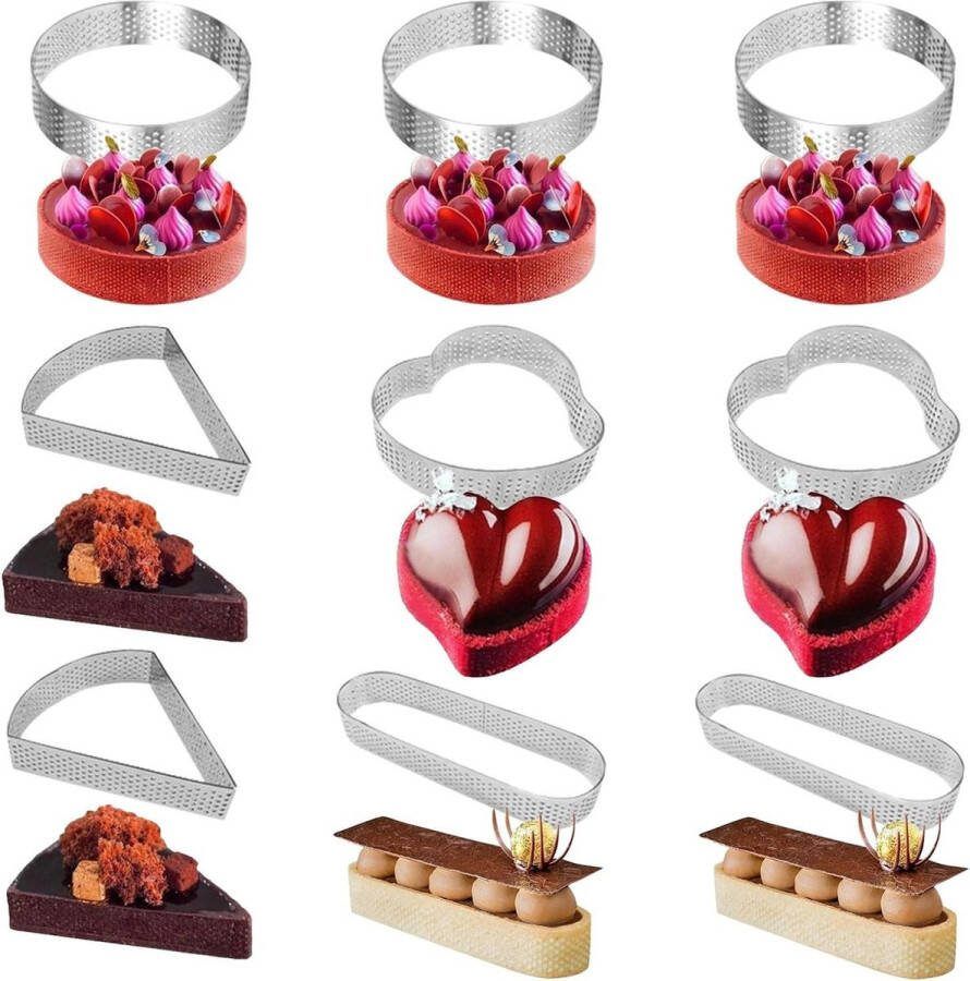9 stuks geperforeerde crumpetringen roestvrij staal hittebestendige taartring mousse cakering cakevorm dessert ring koekjesvorm Cake ring